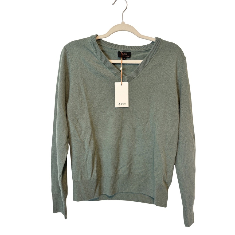 NWT Quince Mongolian Cashmere V-Neck Sweater Sea Spray Green M
